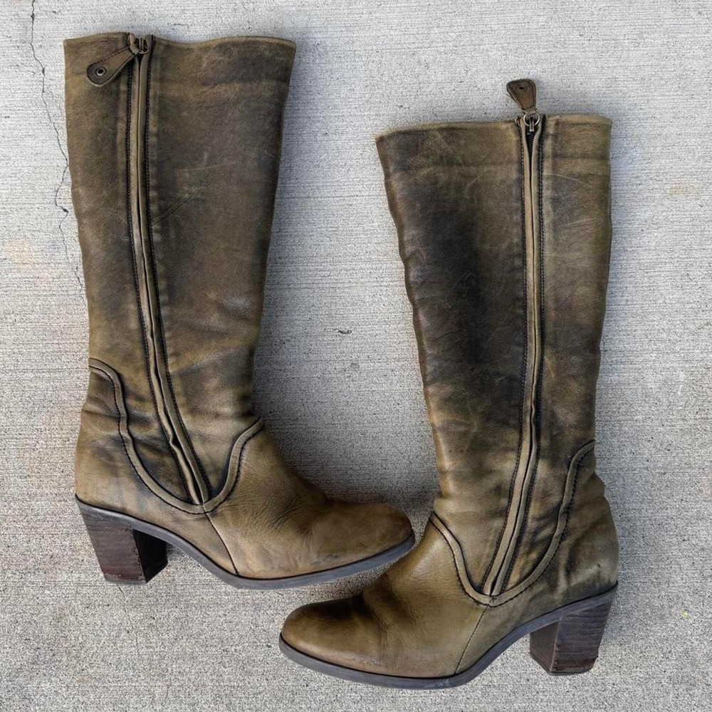 ARNOLD CHURGIN OLIVE OVERDYED ZIP UP KNEE-HIGH HEEL BOOTS
